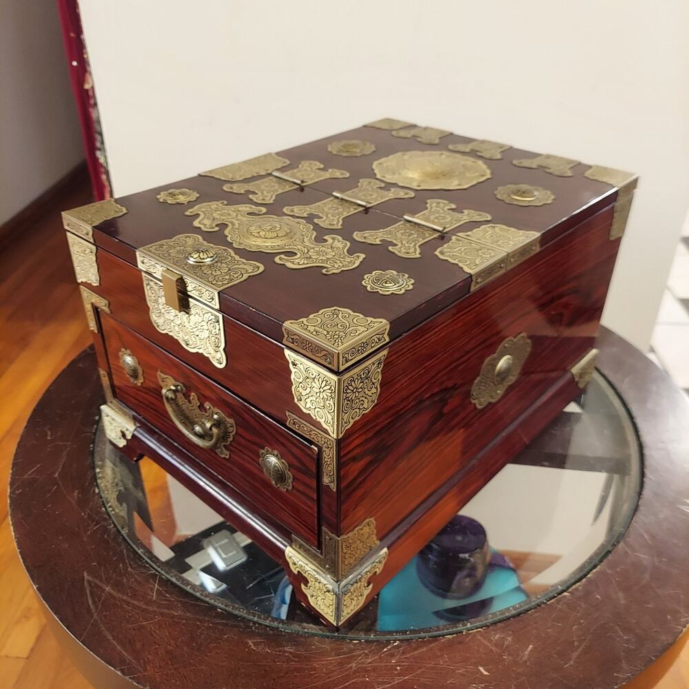 Antique c1920 Rosewood and Brass Chinese Mirror Box with Laquered Finish